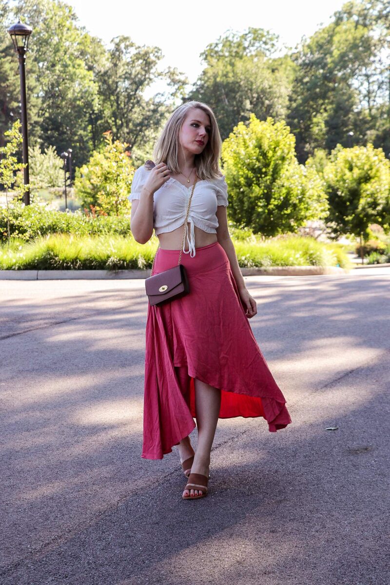 A Pink Maxi Skirt With A White Bardot Top Ford La Femme