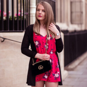 A Red Floral Playsuit With A Gucci Velvet Bag - FORD LA FEMME