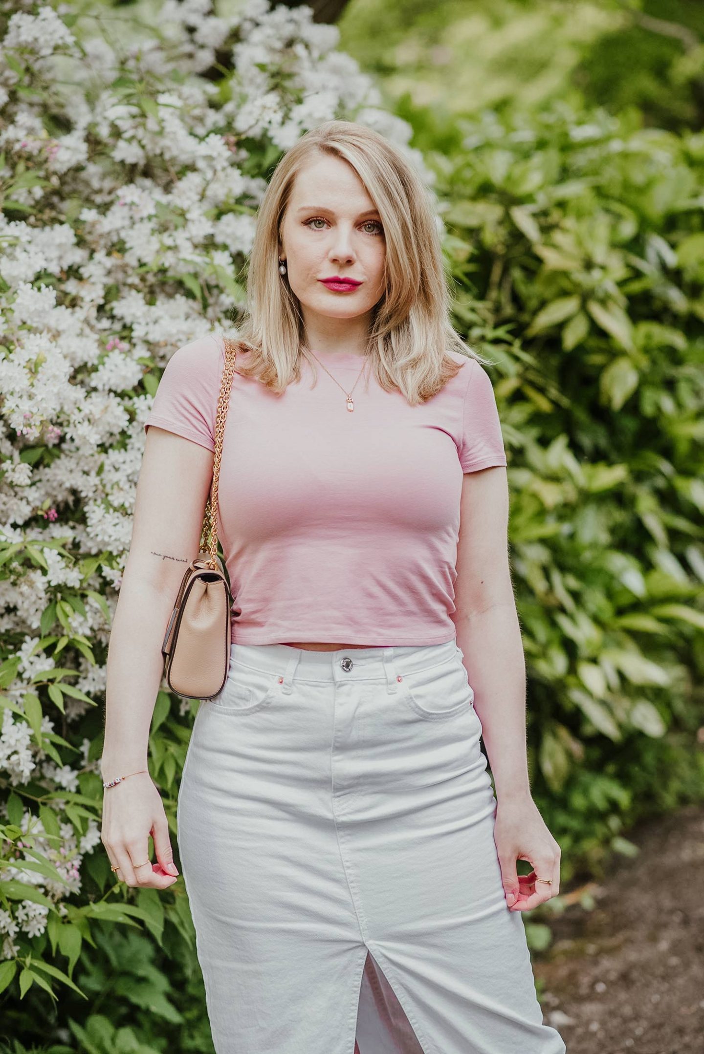 A White Denim Midi Skirt And Pink Baby Tee – FORD LA FEMME