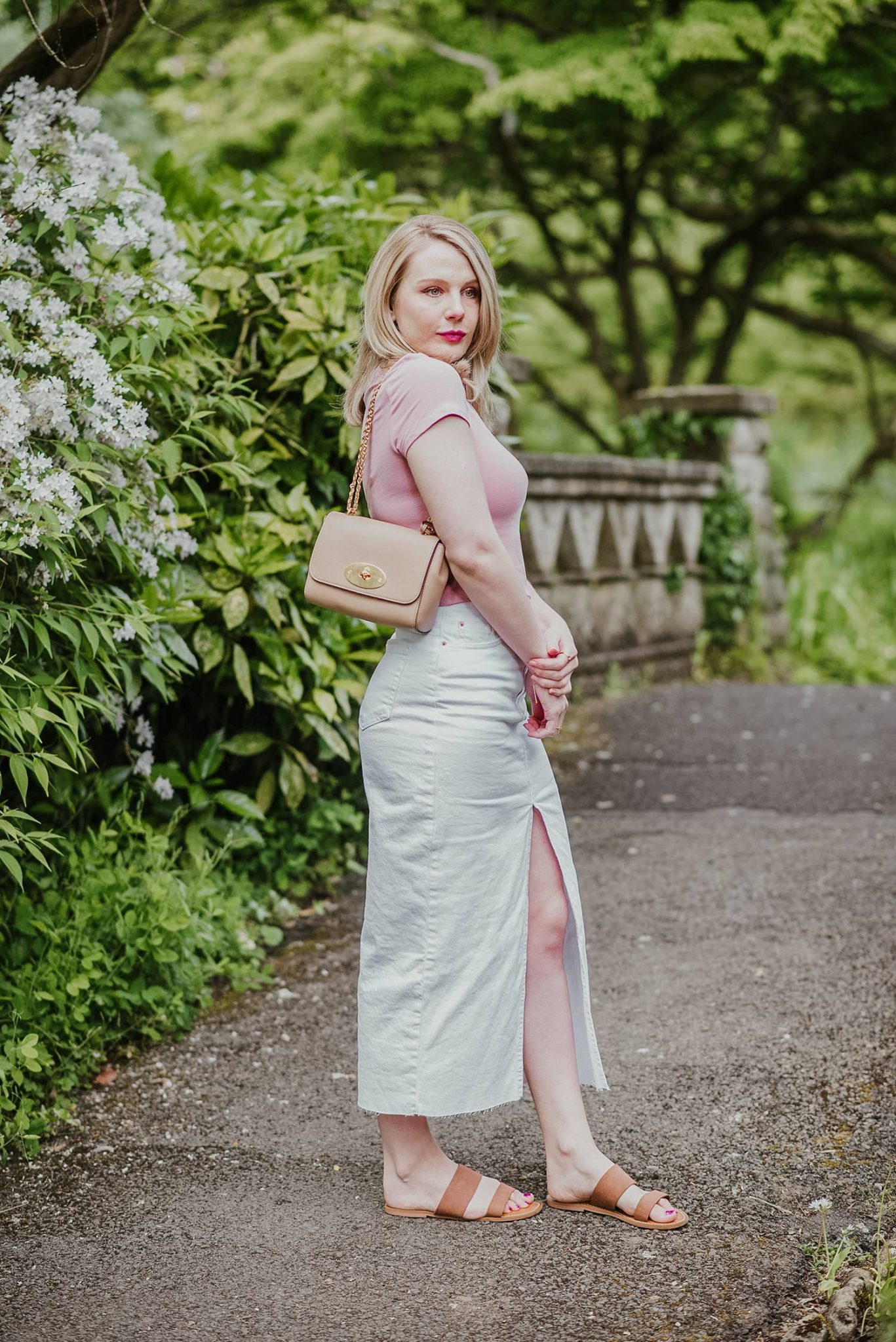 A White Denim Midi Skirt And Pink Baby Tee – FORD LA FEMME