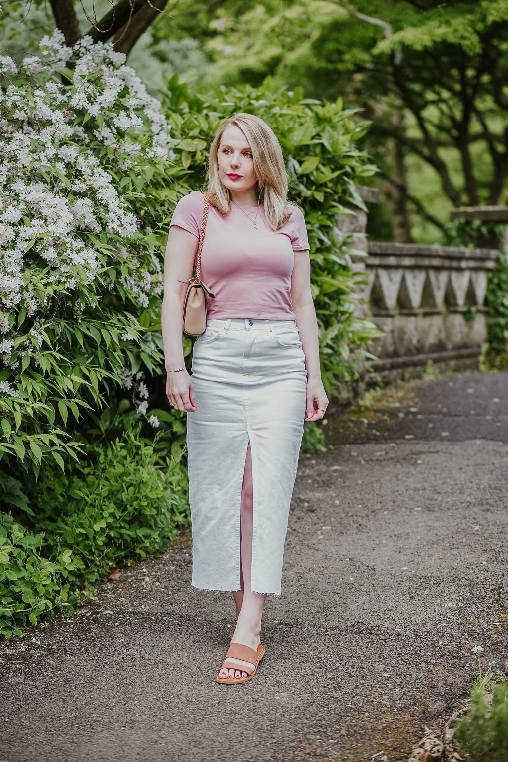A White Denim Midi Skirt And Pink Baby Tee – FORD LA FEMME