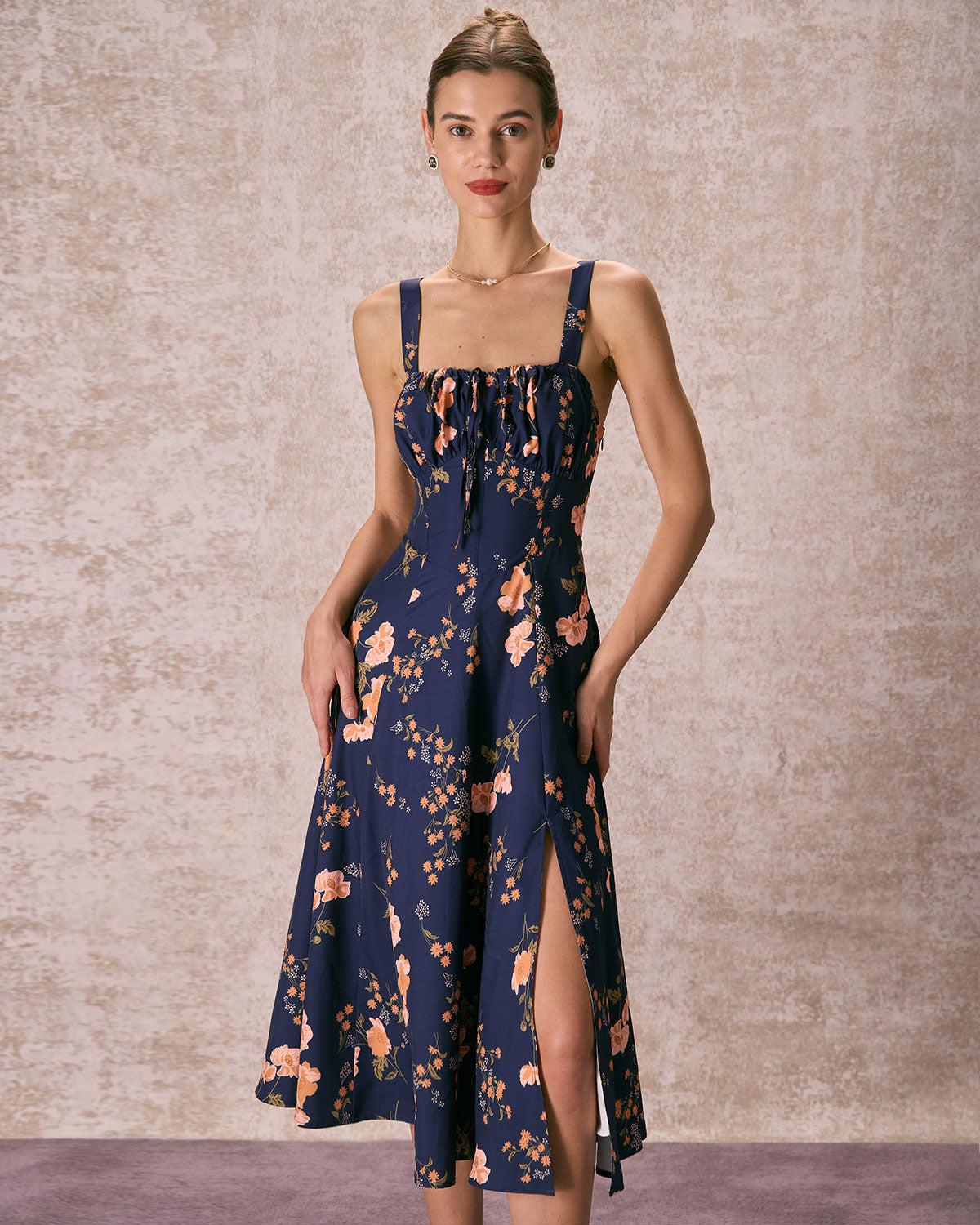 rihoas dress The Navy V Neck Polka Dot Lace Ruched Maxi Dress